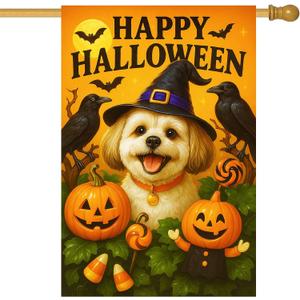 IVN Halloween Shih Tzu Garden Flag 28 x 40 Inch Double Sided House Flag with Witch Hat Pumpkin and Raven Design for Spooky Outdoor Porch Decor