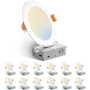 Amico 12 Pack 6 Inch 5CCT Ultra-Thin LED Recessed Ceiling Light with Junction Box, 1050LM Brightness, Dimmable Canless Wafer Downlight, 12W, ETL&FCC (White)