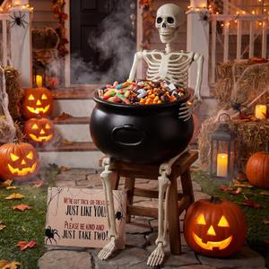 3 Pcs Halloween Skeleton Candy Bowl Holder for Outdoor Porch
Large Porch Decoration, for Trick or Treat, Yard, Entryway, 35'' Posable Life Size Skeleton, 12.6'' Witch Cauldron, Wood Sign