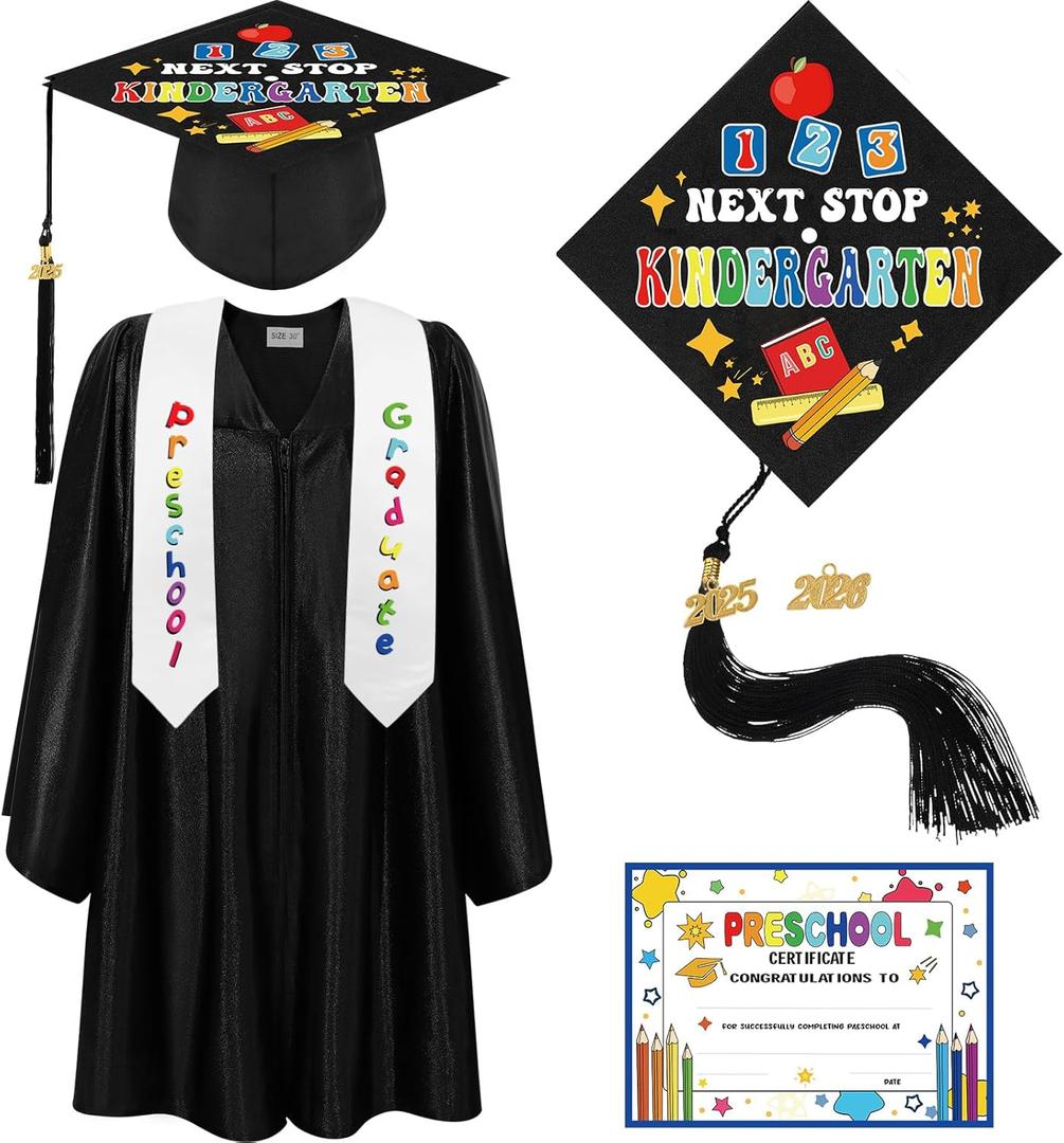 Bokon 4 Pcs Kindergarten Preschool Graduation Cap and Gown with 2025 Tassel Graduation Stole and Certificate for Toddler Kids (27, Black)