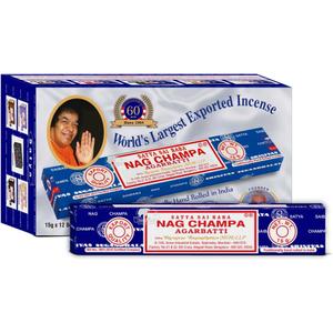 Satya Sai Baba Nag Champa Agarbatti Pack of 12 Incense Sticks Boxes 15gms Each Fine Quality Incense Sticks for Relaxation, Meditation, Positivity and Peace.