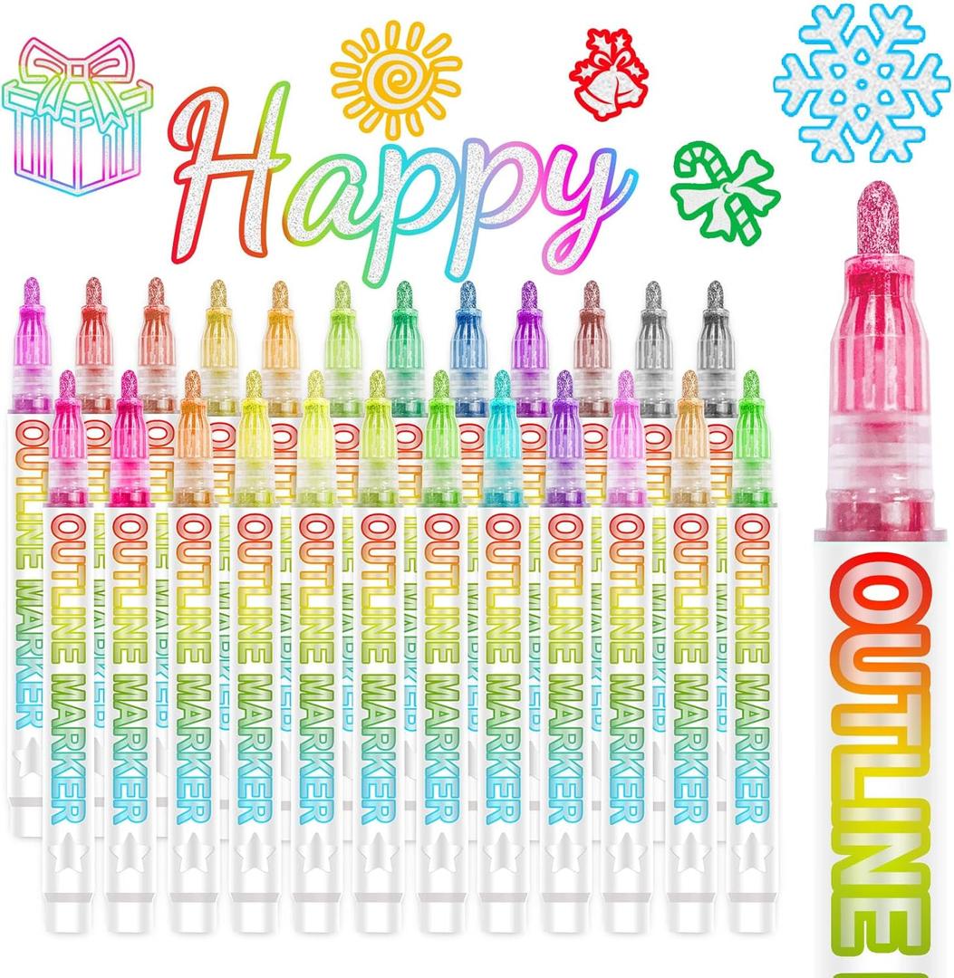 Glitter Markers Outline Glitter Pens, Tween Teen Girl Gifts Trendy Stuff, 24pcs Shimmer Metallic Outline Markers, Art Supplies Crafts Gifts for 4-12 Year Old Girls 6-8 9-12 10-12,Cute Cool Fun Crafts