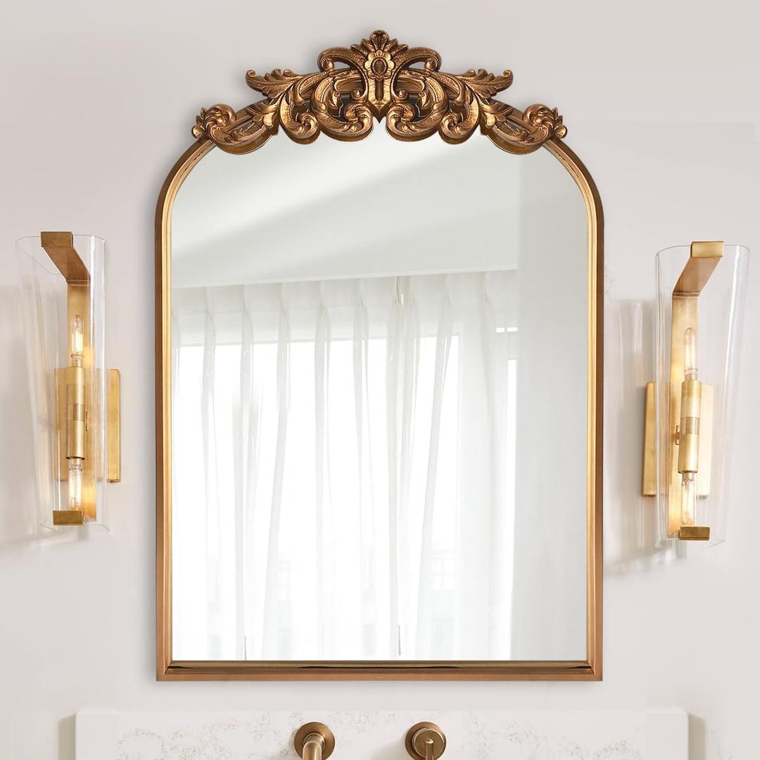 WAMIRRO Ornate Gold Mirror,Vintage Arched Baroque Antique Mirorrs for Living Room Hallway Fireplace Bathroom Entryway 19"X27"