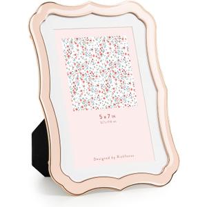 5x7 Enamel Picture Frame with HD-Tempered Glass, Display 4x6 Photo with Mat, Ornate Photo Frame with Gold Metal Edge & Velvet Back for Tabletop & Wall Mount Vertically or Horizontally Display, Pink