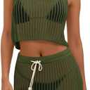 Fisoew Womens 2 Piece Crochet Sets Sleeveless Crop Tops Cover Up Beach Mini Skirt Outfits Vacation Sets (Green, M)