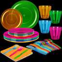 112 PCS Neon Party Supplies-Serves 16, Including Disposable Plastic Neon Party Plates, Cups, Cutlery, Napkins for Neon Assorted Glow Party, Blacklight, Birthday Halloween Party Favors