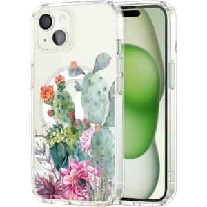 MAYCARI for iPhone 15 Pro Max Case Compatible with MagSafe, Magnetic Cute Cactus Flower Clear Phone Cover for Girls Women Soft TPU Hard Back Shockproof Protective Case for iPhone 15 Pro Max 6.7"
