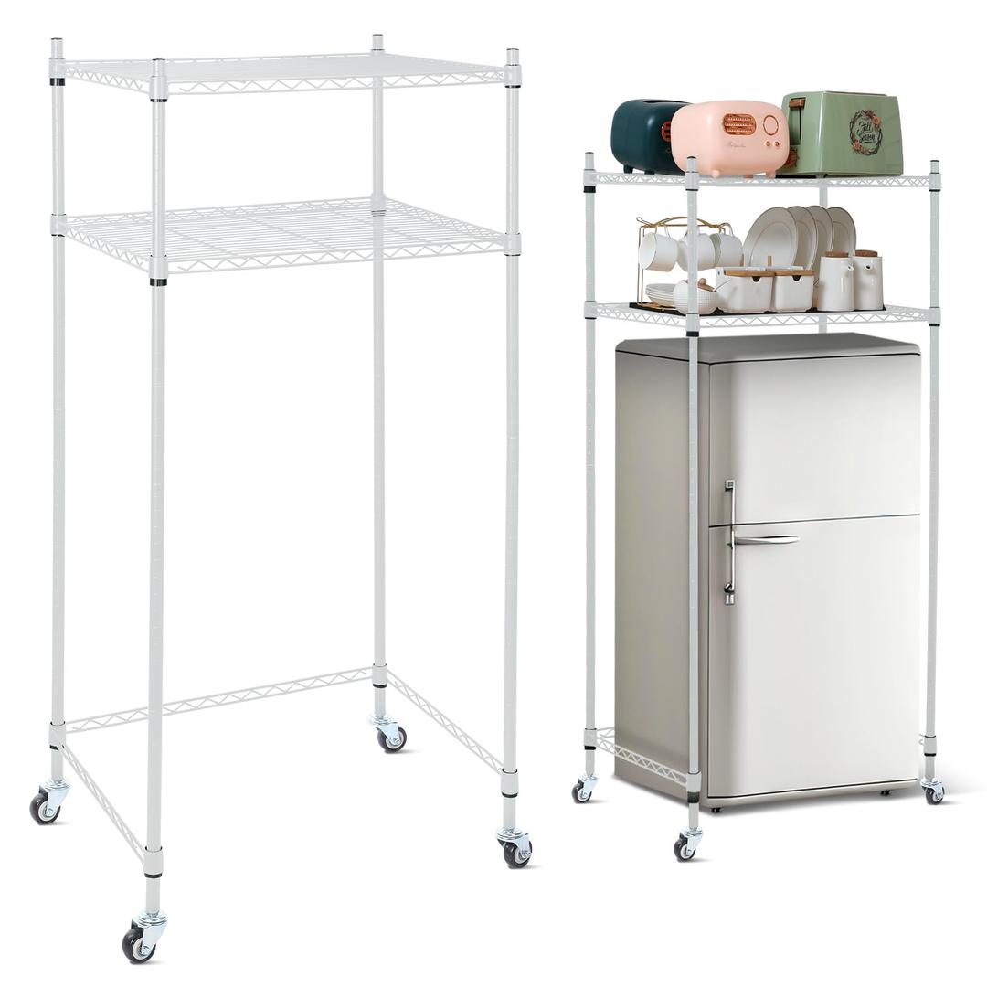 Tandefio 2 Tier Mini Fridge Stand with Storage for Dorm Microwave Stand Over Mini Fridge Storage Shelf with Wheels Adjustable Height Organizer for Kitchen College Rooms Pantry (White)