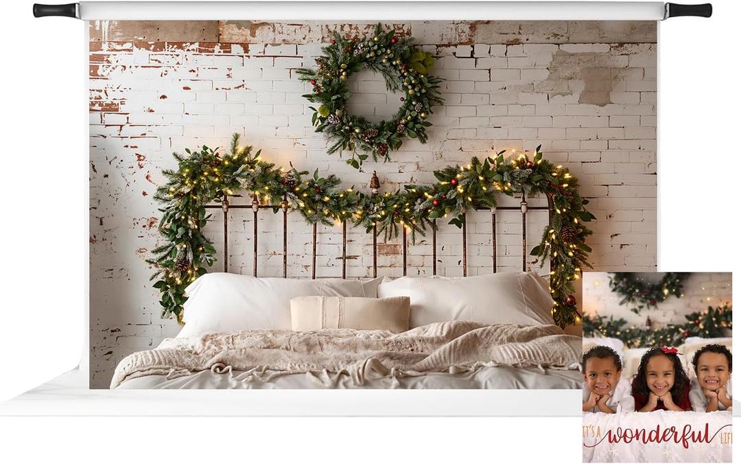 Kate Christmas Headboard Backdrop for Photos White Brick Wall Photography Backdrop Rustic Portrait Backgrounds for Family Session, 10x6.5ft
