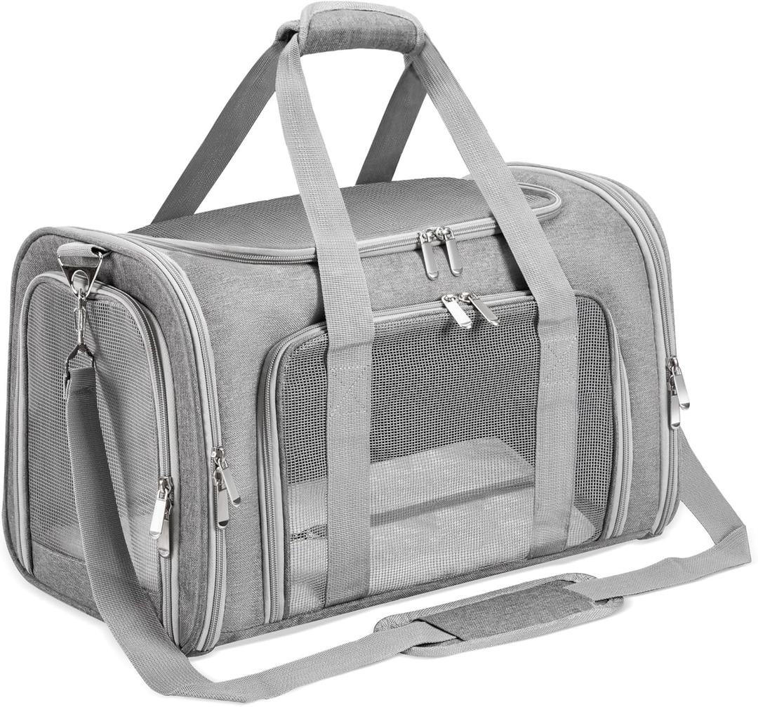 Soft-Sided Cat/Dog/Pet Carrier, Collapsible Pets Travel Carriers for Big Cats/Small Dogs with Shoulder Strap & Removable Mat, Mesh Puppy Carry Bag, Up to 16 Lbs, TSA Airline Approved (Gray)