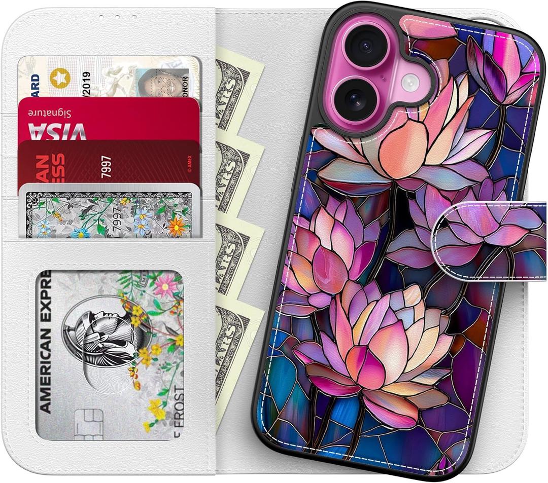 LUHOURI for iPhone 16 Case Wallet - Wireless Charging Compatible Detachable Flip Folio Leather Cover - RFID Blocking 4 Card Slots Holder - Protective Phone Case for Women - Vibrant Lotus Flower