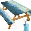 Dntorx Picnic Table Cover with Bench Covers and Bag, 72in Camping Tablecloth, Waterproof Windproof Elastic Edges Fitted Rectangle Tables RV Gear Campers Must HaveGreen