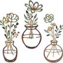 Mcdagogn 3 Pieces Metal Flowers Wall Decor - Rustic Farmhouse Wall Arts, Boho floral Minimalist Wall Decor for Living room Bathroom Bedroom laundry Room Kitchen Office - Housewarming Gifts (Brown-Green)