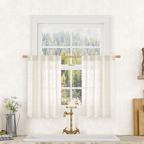 LAMIT Cream Linen Kitchen Curtains 30 Inch Length, Semi Sheer Light Filtering Window Panels Back Tab and Rod Pocket Drapes for Basement/Small Windows, 25 x 30 Inch, 2 Panels