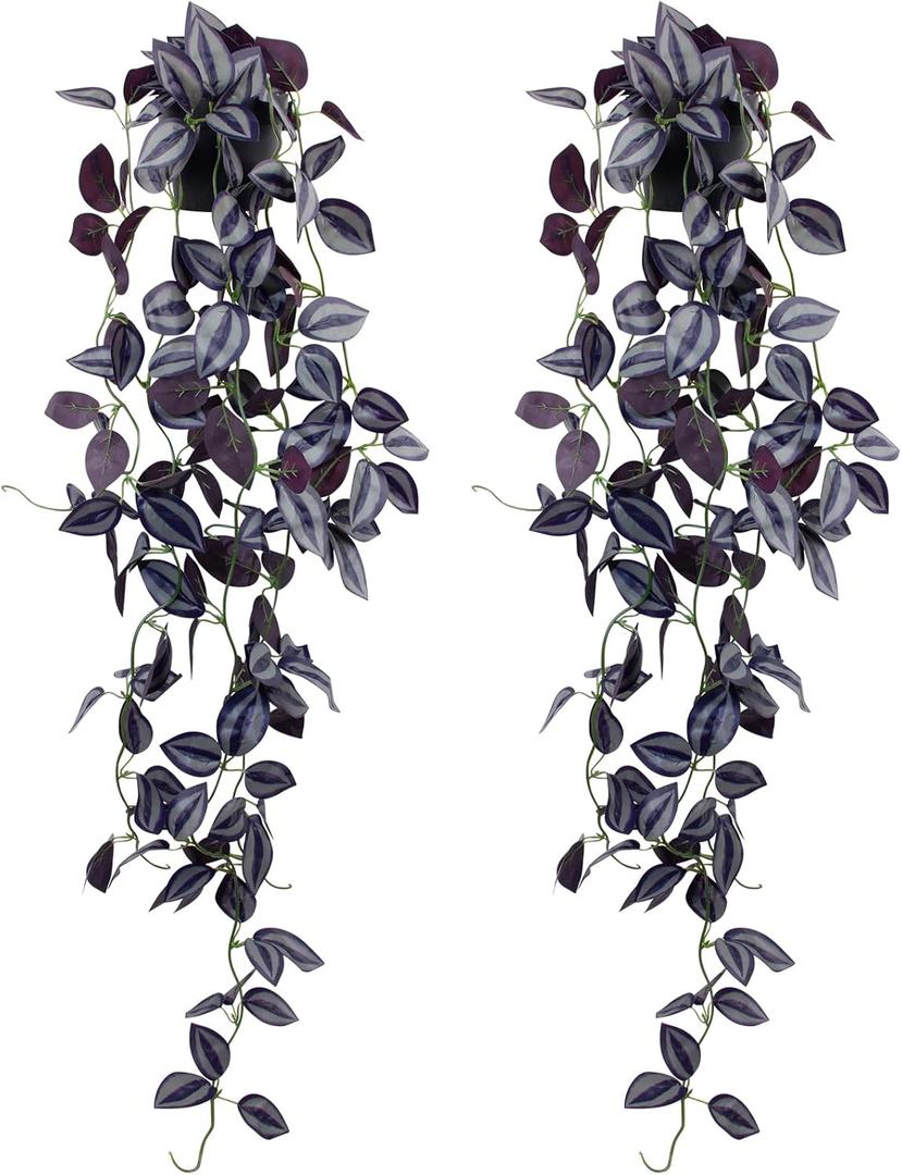 LOYWREE 2Pack Small Fake Hanging Purple Plant Artificial Potted Plants Indoor 39-in Long Faux Dark Black Vine Plant for Shelf Home Office and Outdoor Garden Decor (Black Pot)