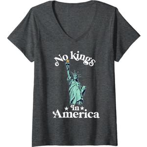 Womens No Kings in America Flag Protest Save Democracy V-Neck T-Shirt (Gray, XS)
