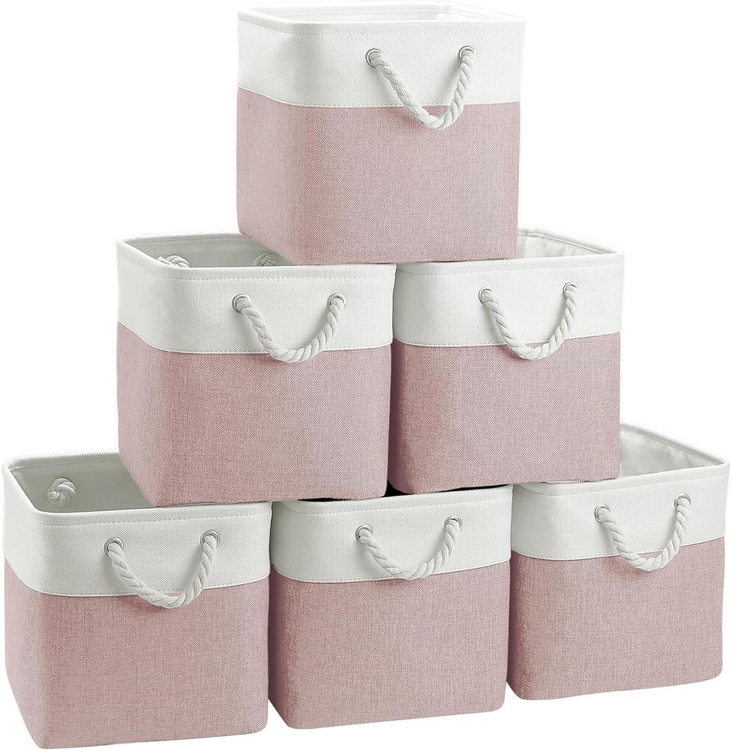 Cube Storage Bins, 6 Pack 11x11 inch with Cotton Handles for Closet, Shelves, Clothes, Towel (White/Pink)