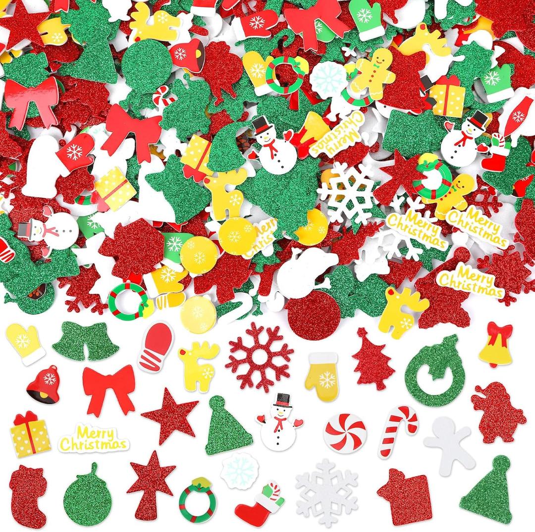 SEPGLITTER Christmas Foam Stickers, 600Pcs Christmas Glitter Santa Claus Snowman Elk Snowflake Self-Adhesive Foam Stickers for Kids Winter Christmas Party Favors DIY Crafts Decorations
