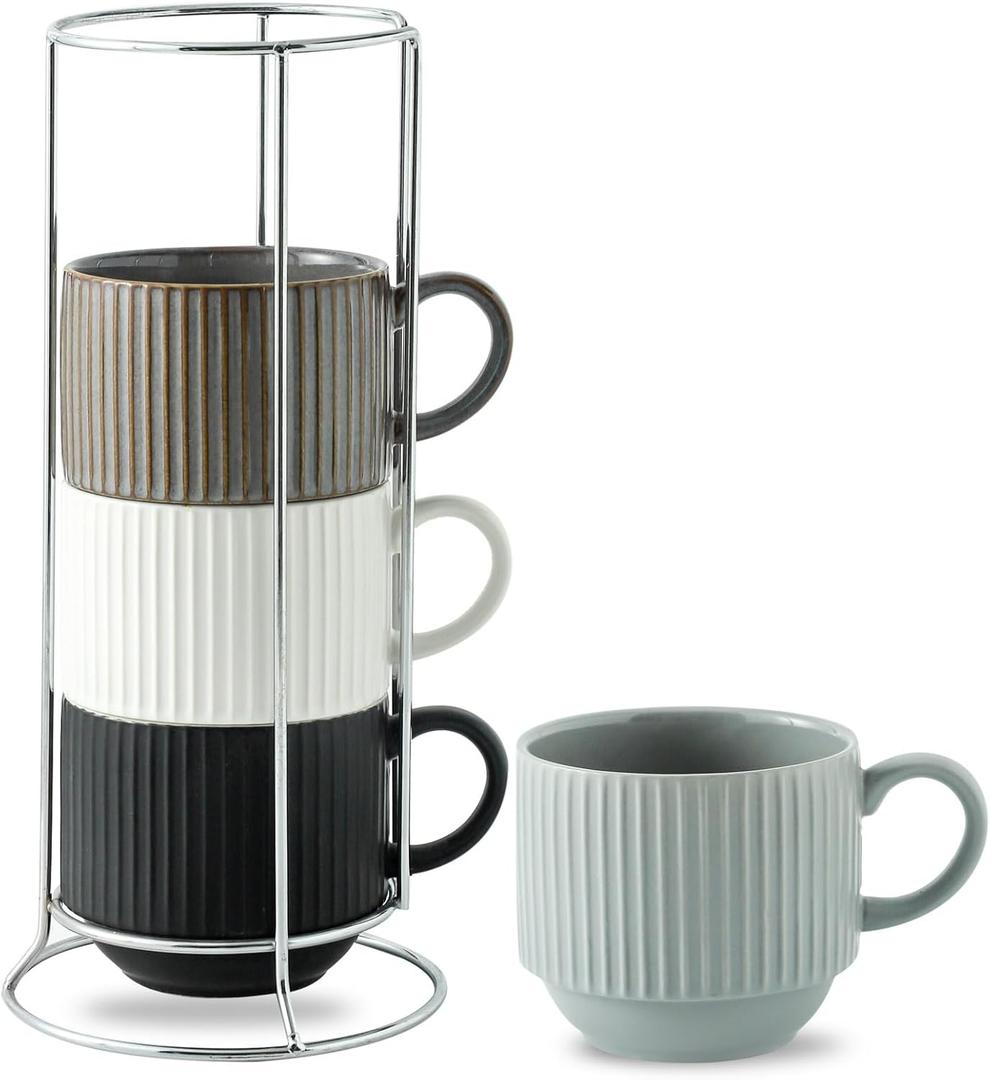 Hasense Large Coffee Mug Set of 4 with Rack - 15 oz Stacking Ceramic Ribbed Latte Cups Set for Cappuccino, Tea, Hot Cocoa, Drinks - Dishwasher & Microwave Safe Assorted Colors (15 Ounces, Mix-Color2)