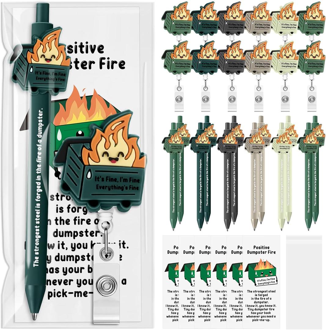 48 Sets Dumpster Fire Gifts Badge Reel and Dumpster Fire Pens Bookmark Funny Back to School Gifts Retractable Badge Holder for Response Team Student Teacher Office Nurse Employee Coworker