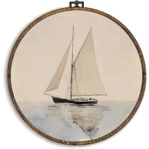 KFXHANGD Vintage Sailboat Round Wall Art Framed, Sailboat Wall Decor, Nautical Coastal Canvas Wall Art Decor, Nautical Hanging Decor for Bathroom Living Room Lake House Gallery, 10x10inch
