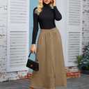 MAKABO Women's Maxi A Line Skirt with Slit, Fall Khaki Ankle Length Skirt Length Tie Outfits for Date Night Vacation, S