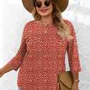 LOMON Plus Size Women Blouses 3/4 Length Sleeve Tops Crewneck Pleated Casual Tees Shirts 1X-5X (Red Daisy)