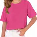 ZDC Girls T Shirts Short Half Sleeve Crew Neck Drop Shoulder Loose Fit Summer Crop Tops 5-14 Years (Pink)