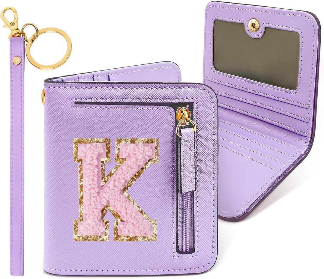COSHAYSOO Unique Christmas Stocking Easter Basket Stuffer Gifts for Daughter Granddaughter Niece from Mom Grandma Auntie Small Wallet RFID Bifold Initial Chenille Letter K Purple (Lavender)