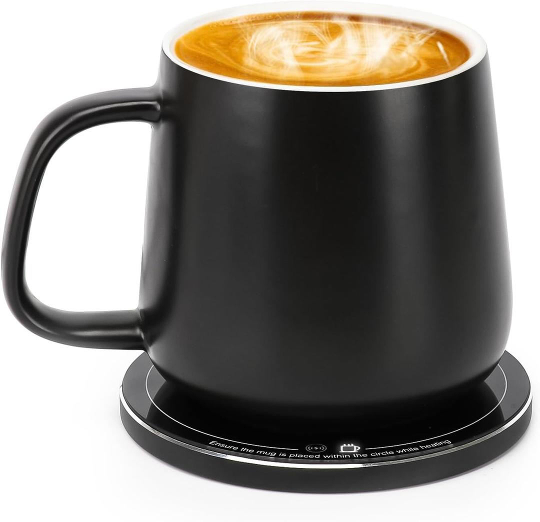 APEKX Warm Cup Coffee Mug Warmer Set - Smart Stable Constant Temperature 131F, 15W Wireless Charging, 12.8 oz Capacity - Supports USB-C Interface, Automatic Power On/Off Function (4 H) (Black)