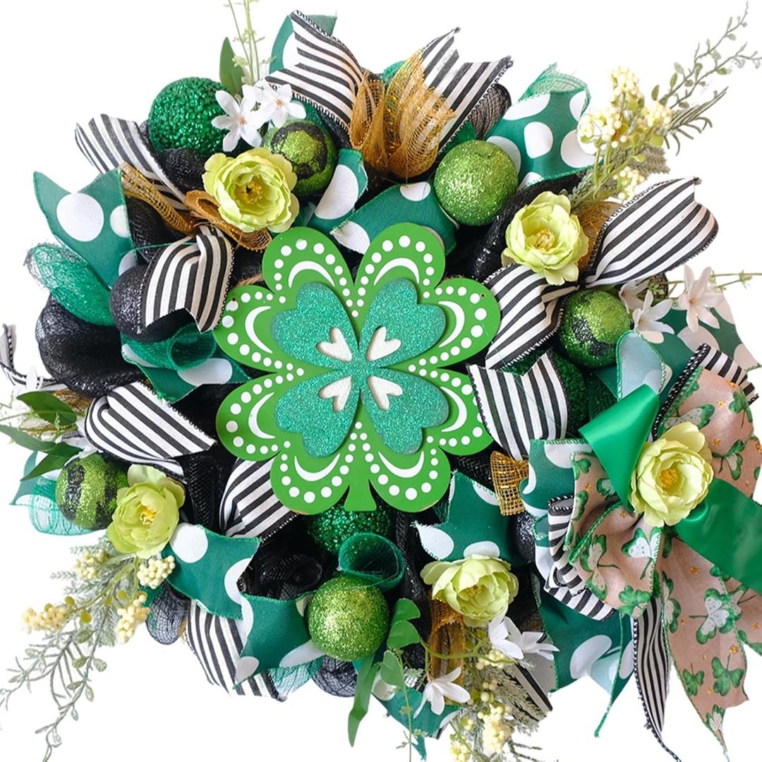 idyllic Irish Festival Aloe Green 22 Inch St Patricks Day Wreath, Four Leaf Clover Wood Sign with Green White Bow, Shamrock Decorations for Front Door Window Indoor Outdoor Holiday Decor