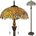 Tiffany Floor Lamp Green Wisteria Style Stained Glass Standing Reading Light 16x16x64 Inch Retro Inspired Pole Corner Lighting Art Decor for Bedroom Living Room Home Office (Green Leaves)