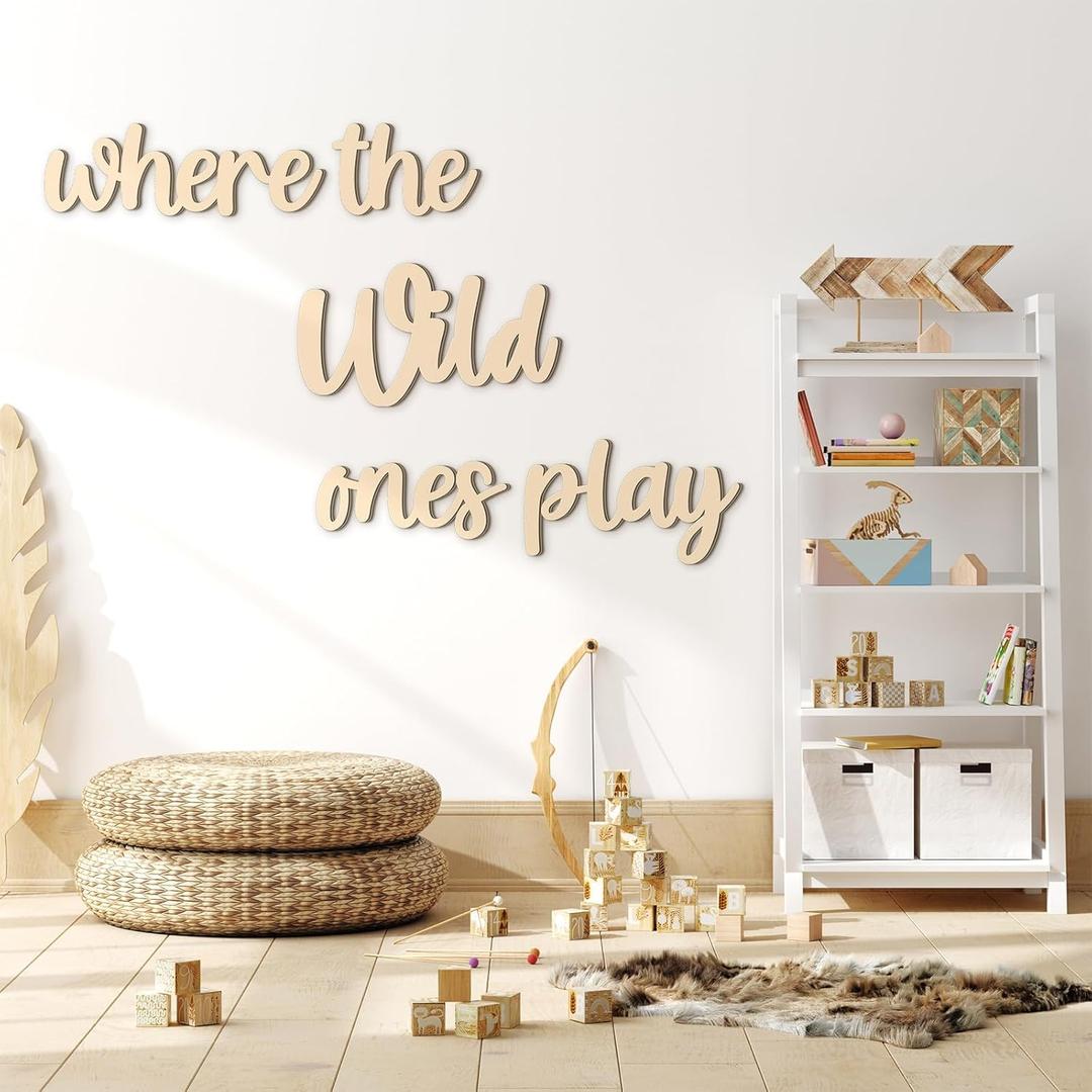 Kigley 5 Pcs Playroom Wall Decor 15.4" x 18" 3D Where The Wild Ones Play Nursery Sign Wooden Wall Art Decoration for Kids Toddler Room Decor Boys and Girls Kindergarten Bedroom Word Sign(Wood Color)