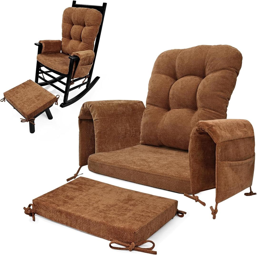 5 PCS Glider Rocker Replacement Cushions with Storage Side Pocket, Luxuriy Chenille Fabric Foam & Microfiber Filling, Thickened & Supportive Rocking Chair Cushion Set, Champagne