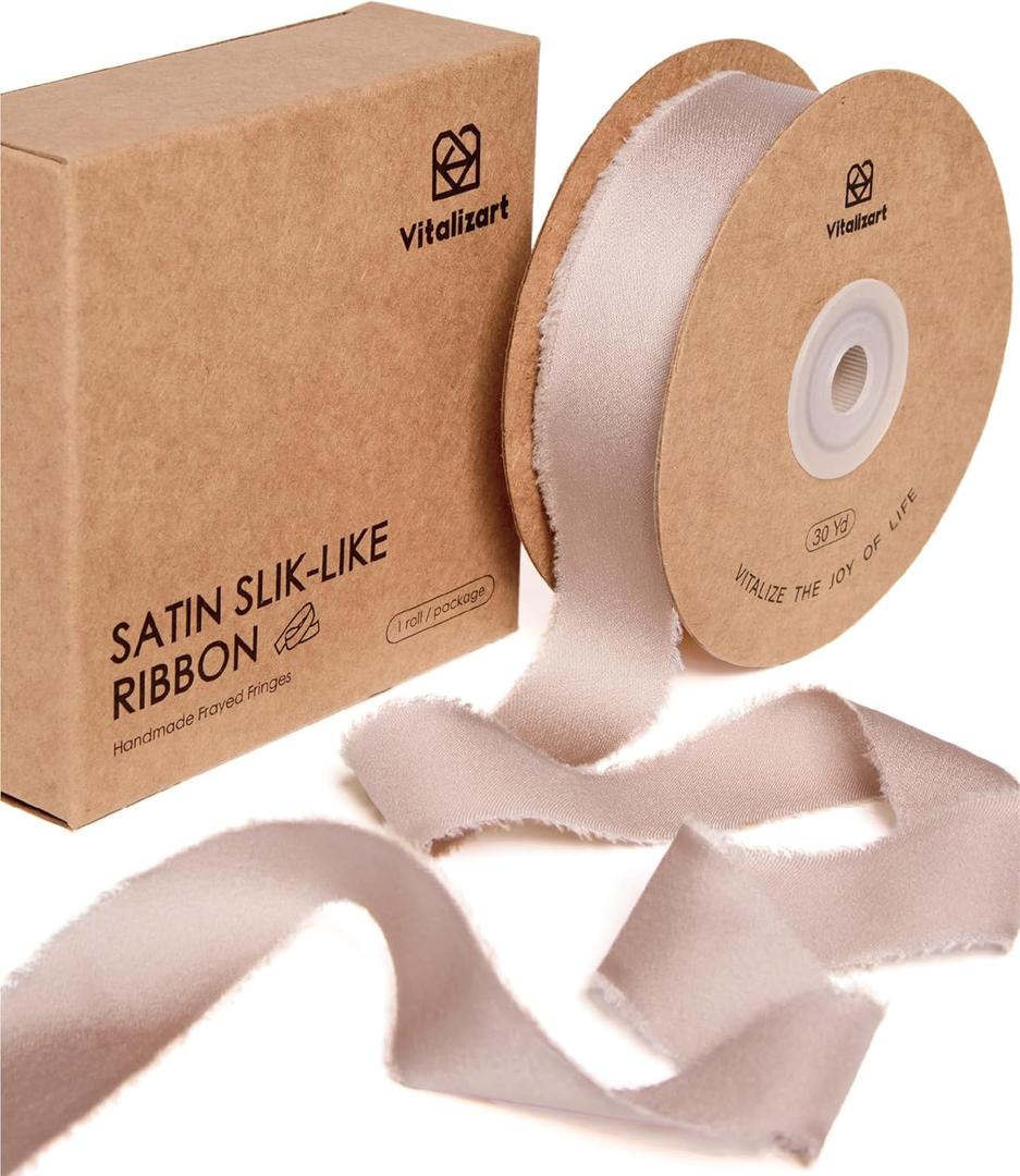 Vitalizart Silk Satin Ribbon 1 inch x 30 Yard Nude Handmade Frayed Ribbons for Gift Wrapping Baby Shower Wedding Bridal Bouquets Holiday Decor
