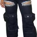 Ryehack Women's Rhinestone Cargo Jeans High Waisted Wide Leg Ripped Baggy Distressed Sparkly Y2K Denim Pants Black M