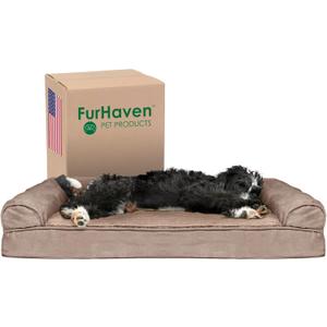 Furhaven Cooling Gel Dog Bed for Large/Medium Dogs w/ Removable Bolsters & Washable Cover, For Dogs Up to 55 lbs - Plush & Suede Sofa - Almondine, Large (36.0"L x 27.0"W x 6.5"Th)