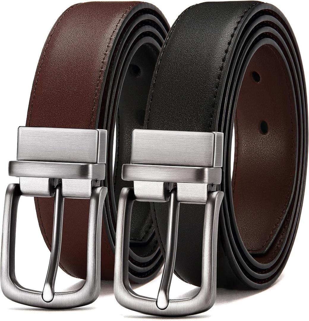 CHAOREN Reversible Mens Belt 1 Piece  Leather Belt Men for Dress Pants - Single Belt, 2 Colors (34"-36"waist Adjustable, Black/Brown)