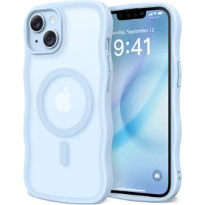 CAPRARO Cute for iPhone 13 Case & iPhone 14 Case, Compatible with MagSafe, [Curly Wave Edge] [Camera Protection] [14 FT Drop Protection] Magnetic for iPhone 13/14 6.1 Inch, Light Blue