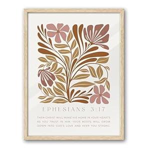 EcoHest Bible Verse Floral Framed Wall Art, 12x16 in OAK Wood Abstract Flowers Canvas Wall Art, Ephesians 3:17 Home Decor, Beige Logs Boho Christ Set of 1 for Bedroom Living Room