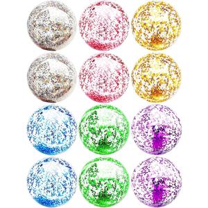 12 Pack Inflatable Beach Balls Bulk - 16" Glitter Pool Toys Balls for Summer Beach Pool Party, Swimming Pool Game Water Beach Toys Party Favor Summer Luau Decoration Essential Blow Up Beach Ball (Multicolor)