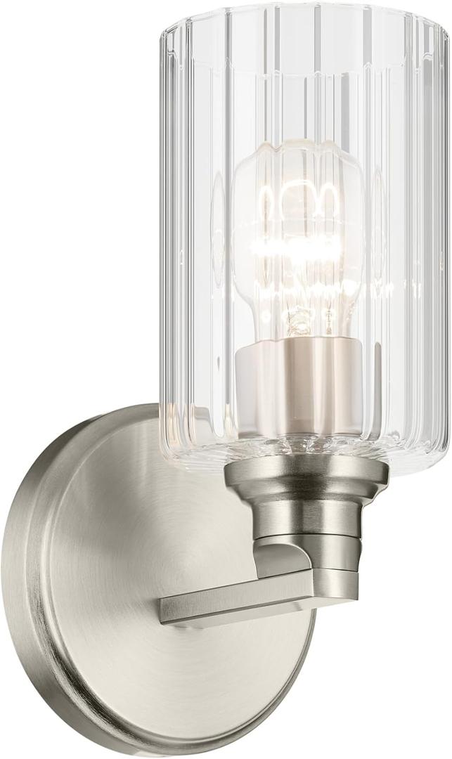 Kichler Gioe 5" 1-Light Wall Sconce with Clear Fluted Glass in Brushed Nickel, Damp Rated, for Powder Room, Kitchen, Hallway, Bedroom, Fireplace, (5" W x 9.5" H), 55224NIFLU