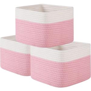 OIAHOMY 9x9x7 Storage Cubes, Cotton Rope Woven Baskets for Organizing, Cube Storage Bin, Small Gift Basket for Shelf, 3-Pack, Pink&White