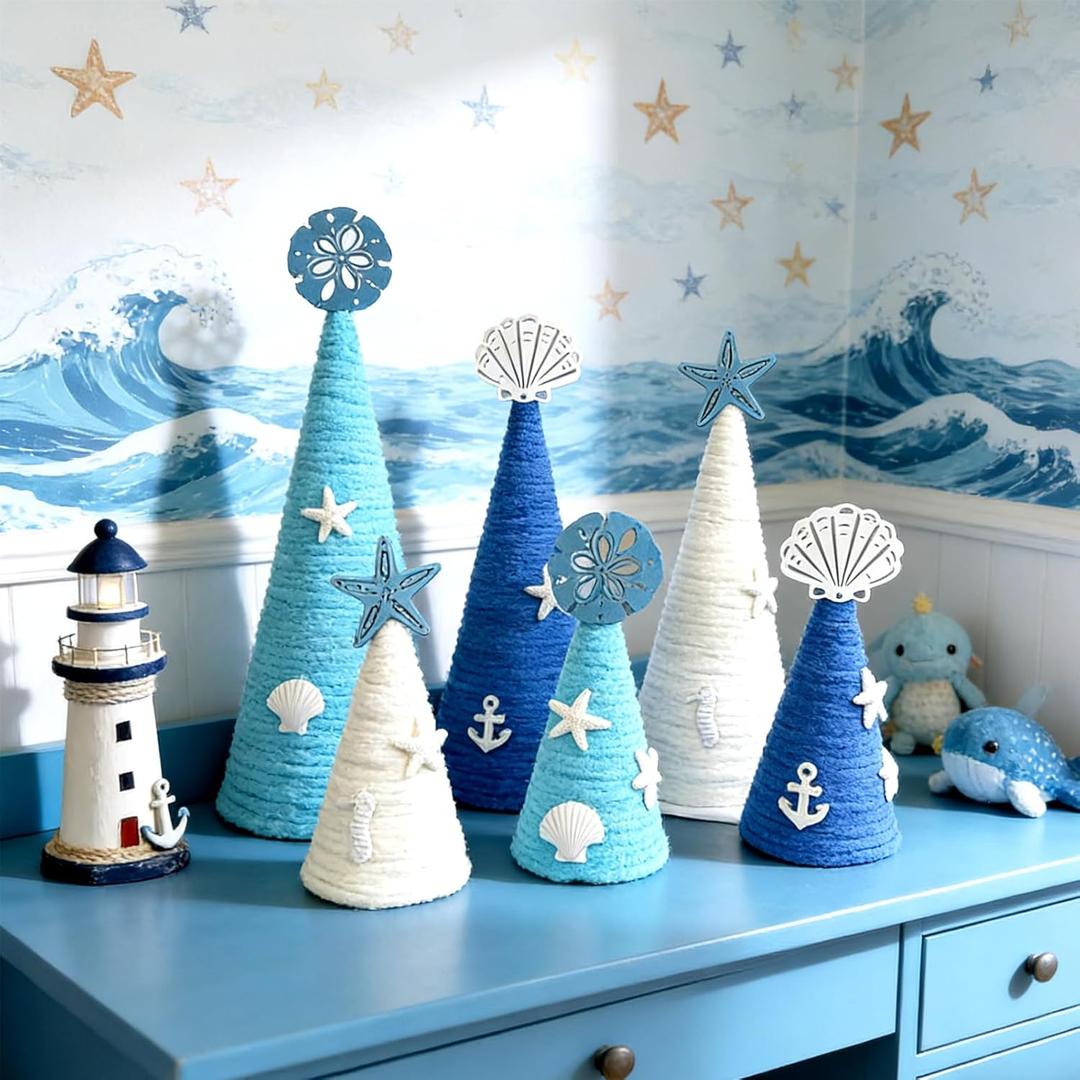 6 Pcs 12" 10" 6" Coastal Cone Tree Decoration with 3D Starfish Seashells Mini Table Trees Centerpieces Farmhouse Tiered Tray Ornament for Mantle Shelf Tabletop Sea Ocean Beach Wedding Beach Party