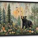 Large Farmhouse Bear Wall Art for Living Room, Forest Bear Wildlife Canvas Oversized Wall Decor, Rustic Wildflower Framed Pictures Painting Print Artwork for Bedroom Office 36" L x 24" W