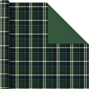 RUSPEPA 30" X 100' Reversible Christmas Wrapping Paper Large Paper Roll, Jumbo Roll, Dark Green Plaid Tartan and Solid Green Double Sided Gift Wrap Paper for Holiday, Xmas Party, Family Gathering