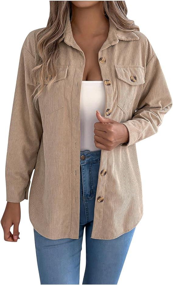 Corduroy Shirt Jackets for Women Loose Button Up Shacket Long Sleeve Casual Lapel Outerwear M
