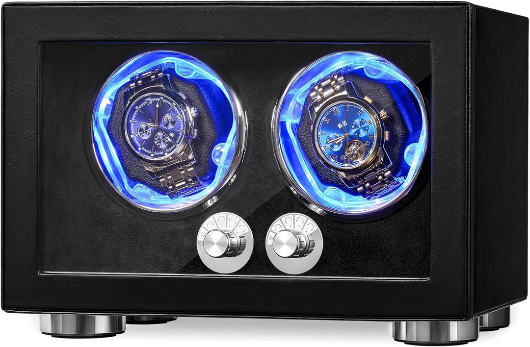 ANWBROAD Watch Winder for Automatic Watches, Double Watch Winder with LED and 4 Modes, Automatic Watch Winder Box with Quiet Motor, Watch Spinner with Type-C Adapter