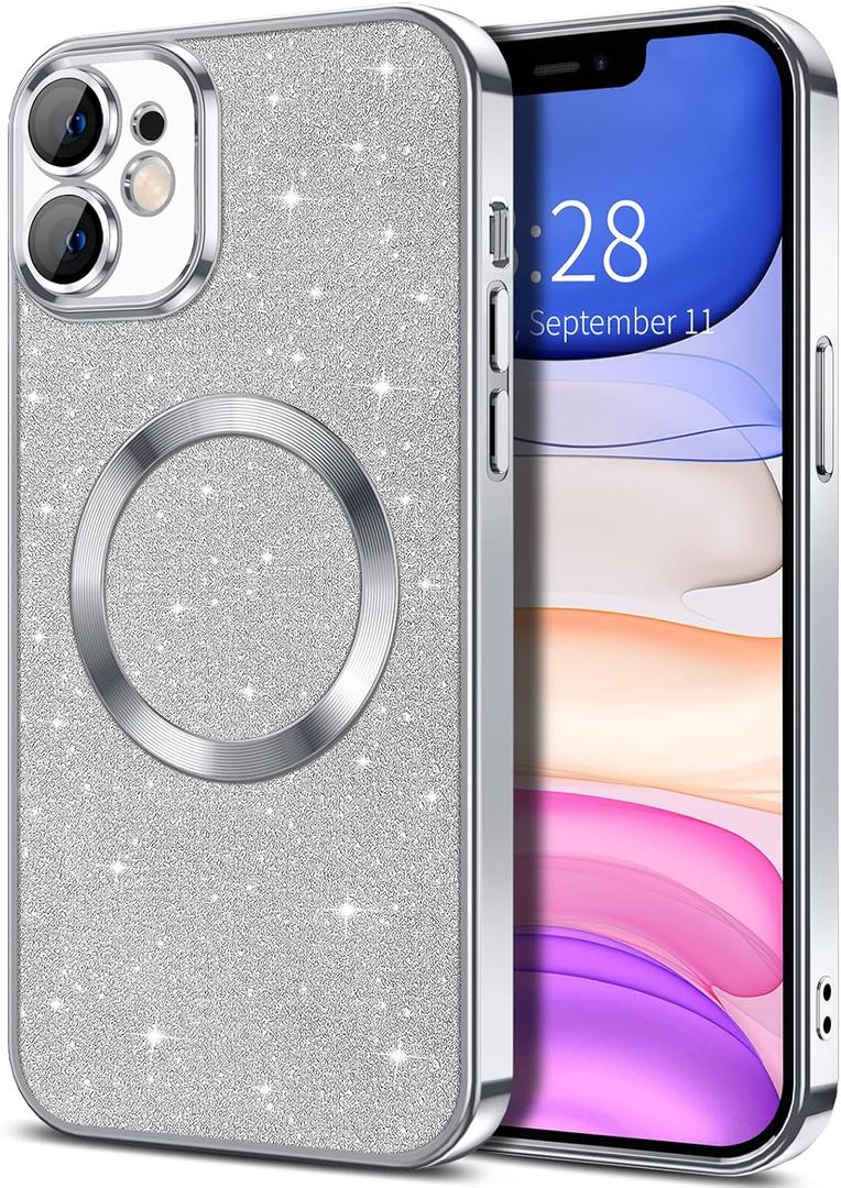 Hython for iPhone 11 Case Glitter, Clear Magnetic Phone Cases with Camera Lens Protector [Compatible with MagSafe] Bling Sparkle Plating Soft TPU Slim Shockproof Protective Cover Women Girls, Silver