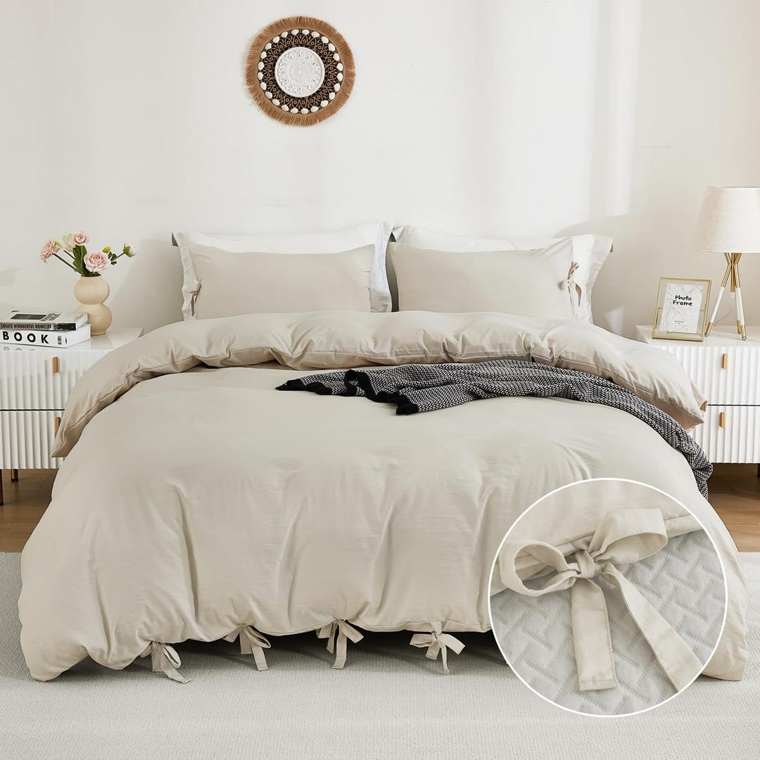 Annadaif Beige Duvet Cover Queen(90x90 Inch), 3 Pieces (1 Duvet Cover, 2 Pillowcases) Soft Washed Microfiber Bow tie Bowknot Duvet Cover Set, Easy Care Bedding Set for Men, Women